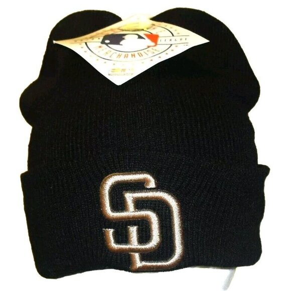 San Diego Padres Mens 90s Vintage Black Beanie Winter Cuffed hat New Tags Mlb - Picture 1 of 2